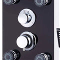 Chrome-finished shower control panel with sleek circular knobs and black-faced spray heads on black glass shower panel with rain showerhead and massage jets