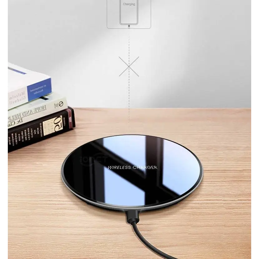 Black glossy 15w smooth wireless charger with a circular design, glossy finish, and subtle white text branding