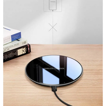 Black glossy 15w smooth wireless charger with a circular design, glossy finish, and subtle white text branding