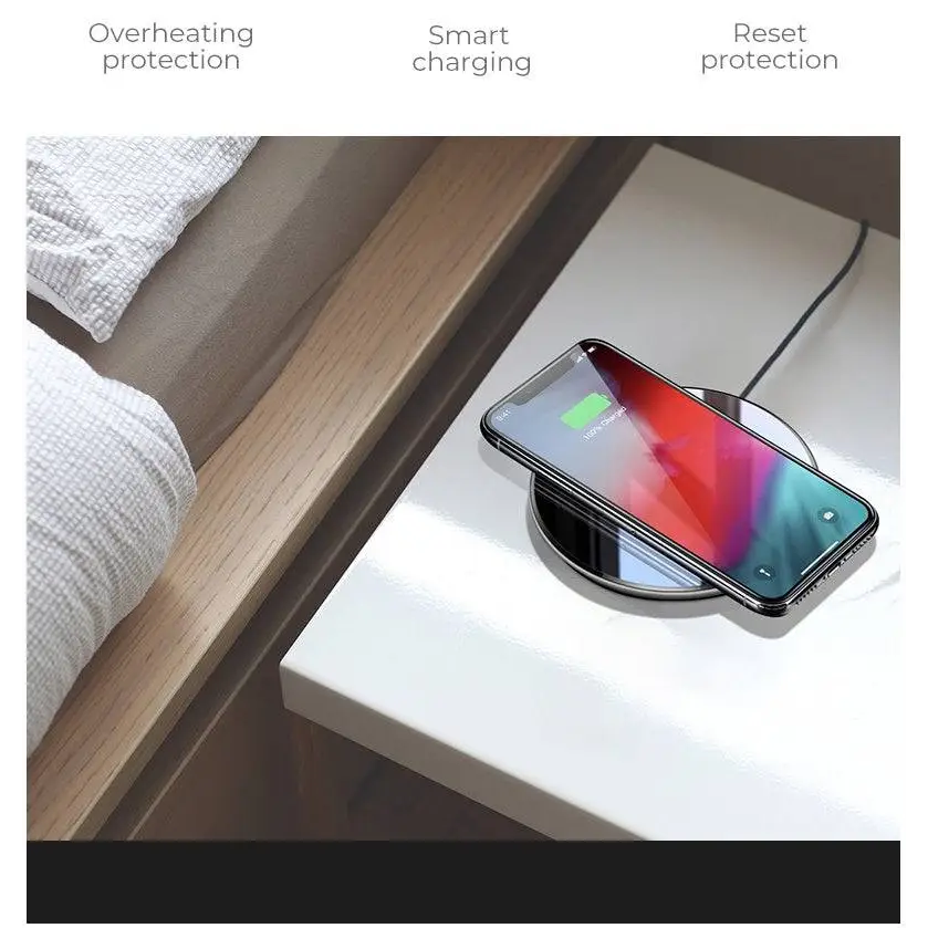 Black glossy 15w smooth wireless charger with a circular design, glossy finish, and subtle white text branding