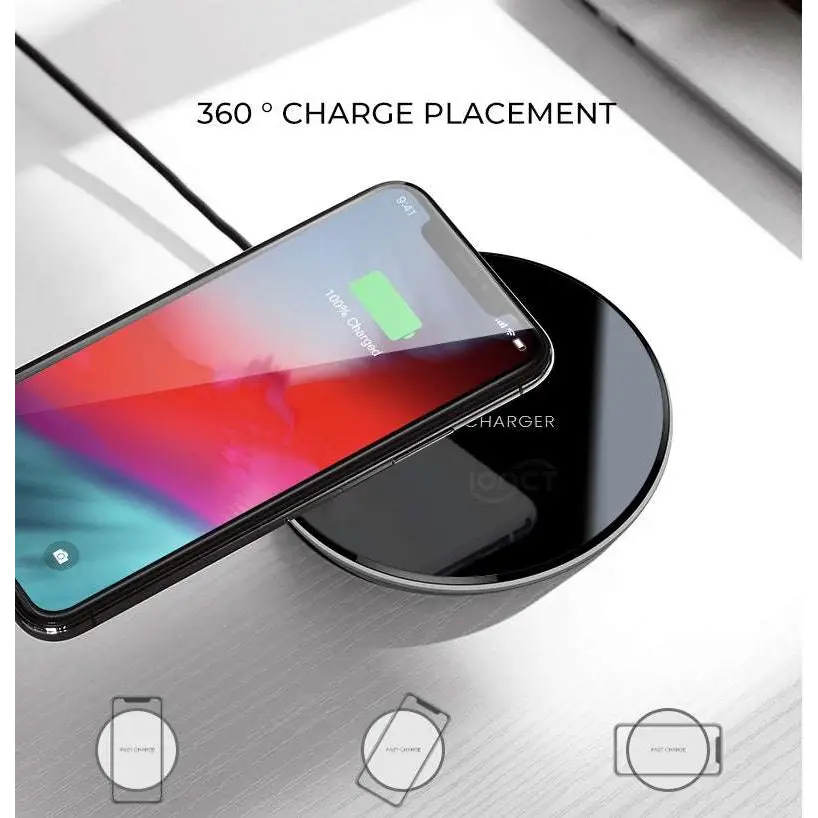 Black glossy 15w smooth wireless charger with a sleek minimalist design for efficient wireless charging