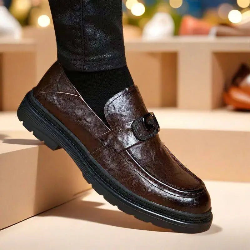 Brown leather business casual leather loafer with black buckle and thick rubber sole for casual leather loafers use