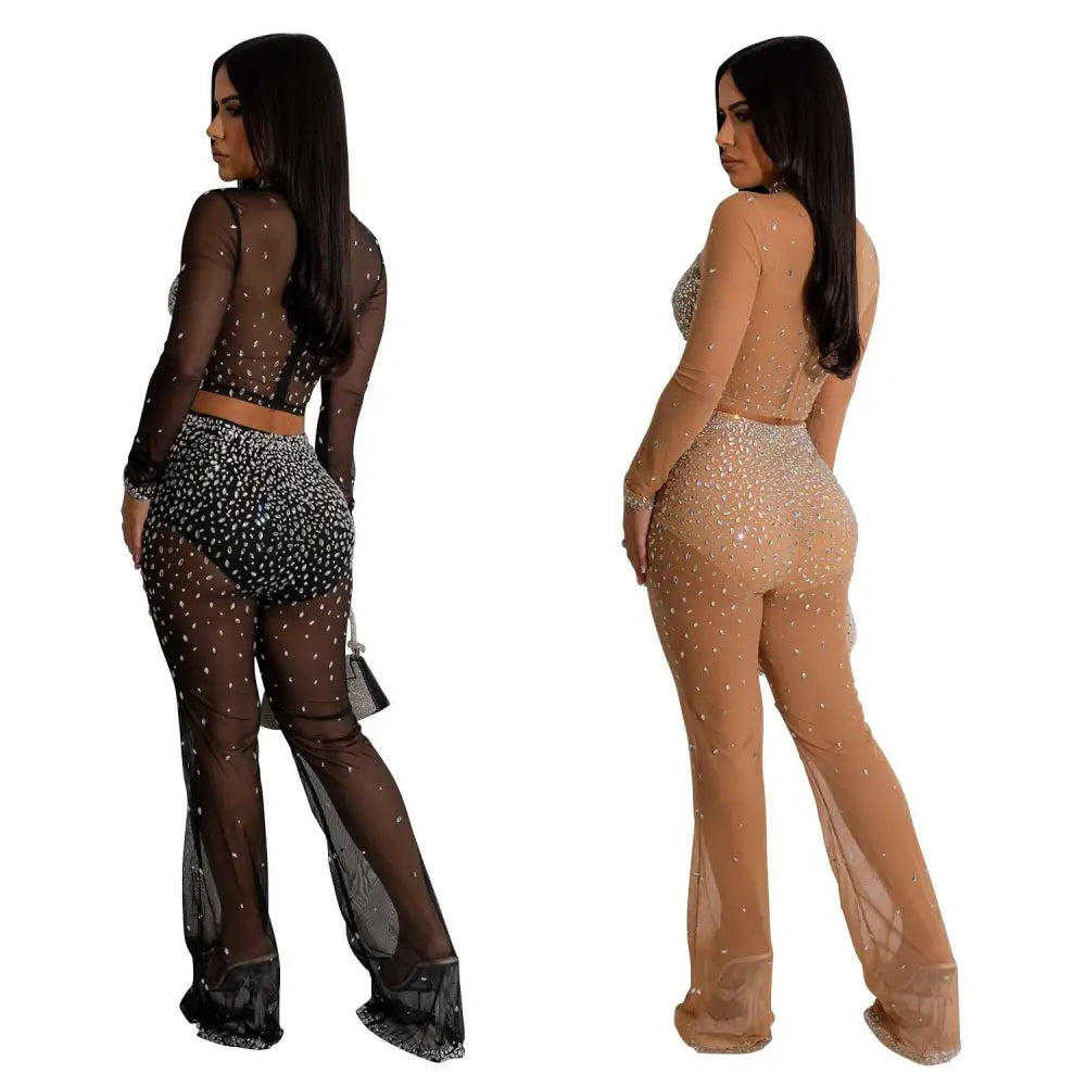 Black gold color mesh rhinestone two piece set featuring black and beige sheer fabric with sparkling embellishments
