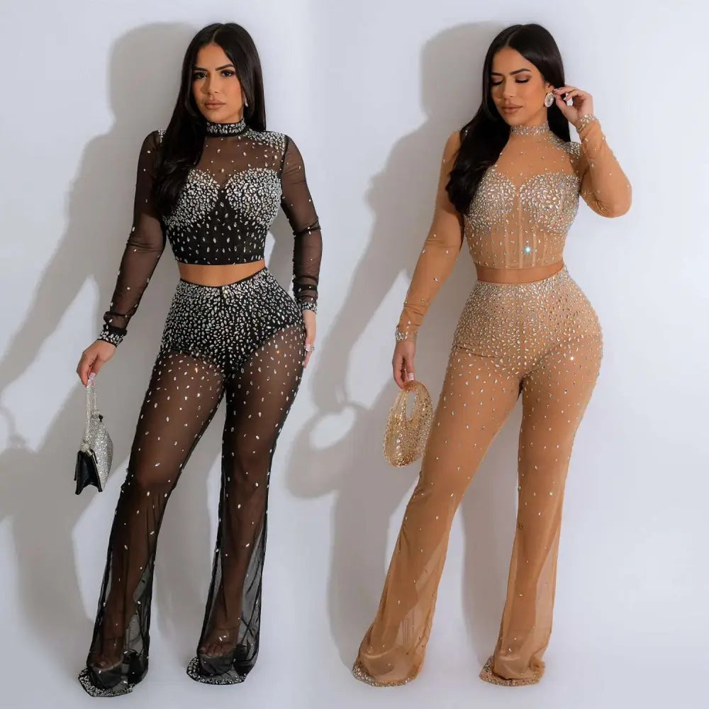 Black gold color mesh rhinestone two piece set with long sleeves high neckline and flared pants