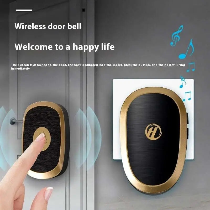 Black and gold doorbell wireless home device with sleek oval design and brushed metal finish for modern wireless home use