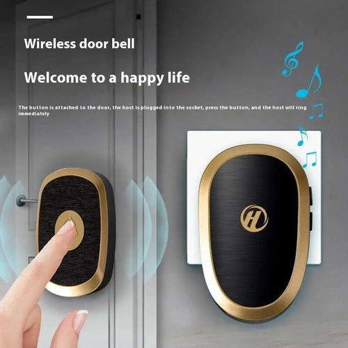 Black and gold doorbell wireless home device with sleek oval design and brushed metal finish for modern wireless home use