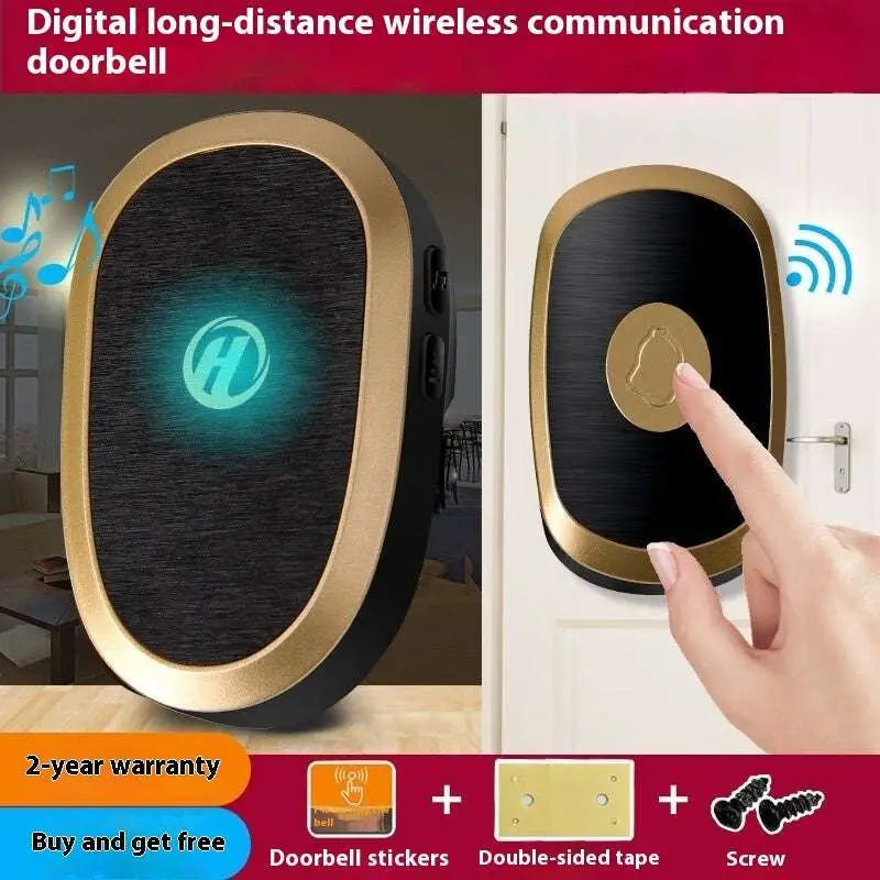Gold doorbell wireless home device with a black textured face and glowing teal logo for modern wireless home use