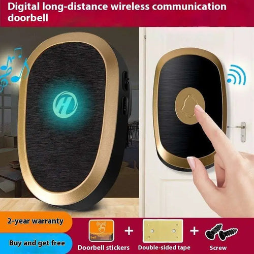 Black gold doorbell wireless home electronic with a gold frame, black textured face, and glowing teal logo modern wireless home