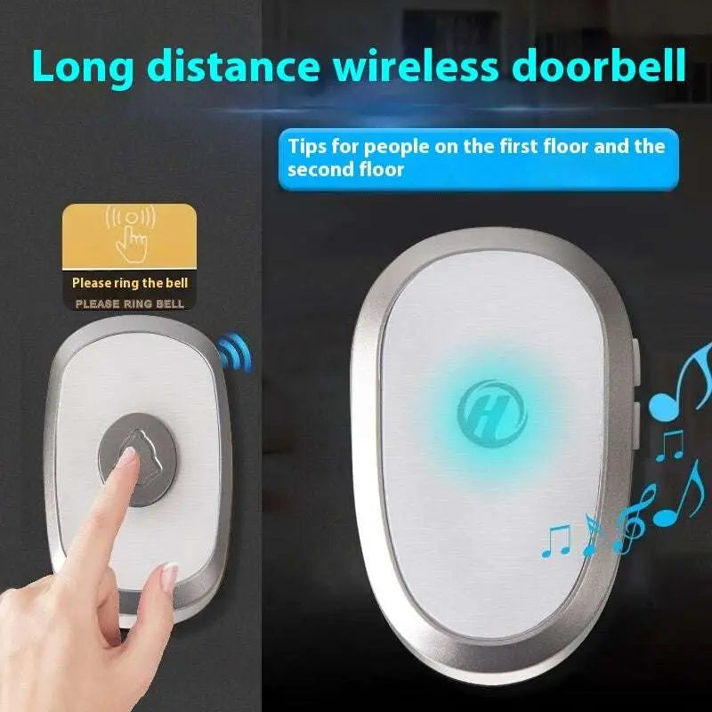 Silver oval gold doorbell wireless home device with brushed metal finish and glowing blue logo for modern wireless home use