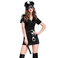 Black halloween policewoman uniform suit featuring a black velvet dress with short sleeves shiny patent leather cap and belt