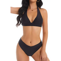 Black halter bikini set featuring a v-shaped neckline and matching high cut bottoms for stylish swimwear looks