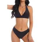 Black halter bikini set featuring a v-shaped neckline and matching high cut bottoms for stylish swimwear looks