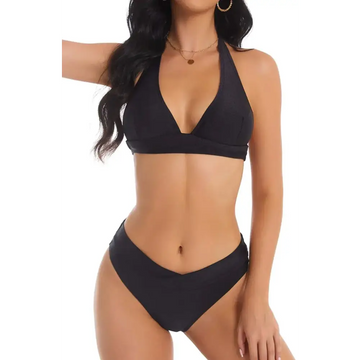 Black halter bikini set featuring a v-shaped neckline top and matching high cut bottoms in a sleek design