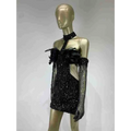 Black halter feather sequins short mini dress with black sequined fabric and feather embellishments with sheer mesh gloves