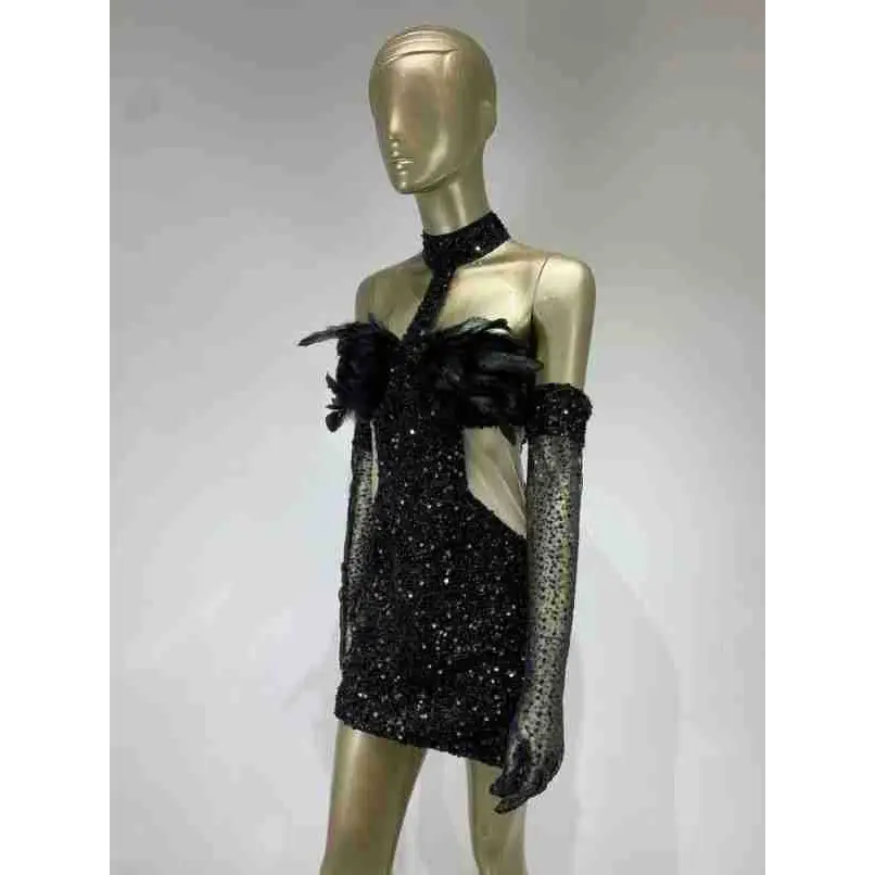 Black halter feather sequins short mini dress with black sequined fabric and feather embellishments with sheer mesh gloves