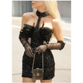 Black halter feather sequins short mini dress with black sequined fabric and sheer lace gloves visible