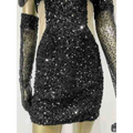 Black halter feather sequins short mini dress with shimmering black sequins and sheer long-sleeved mesh gloves