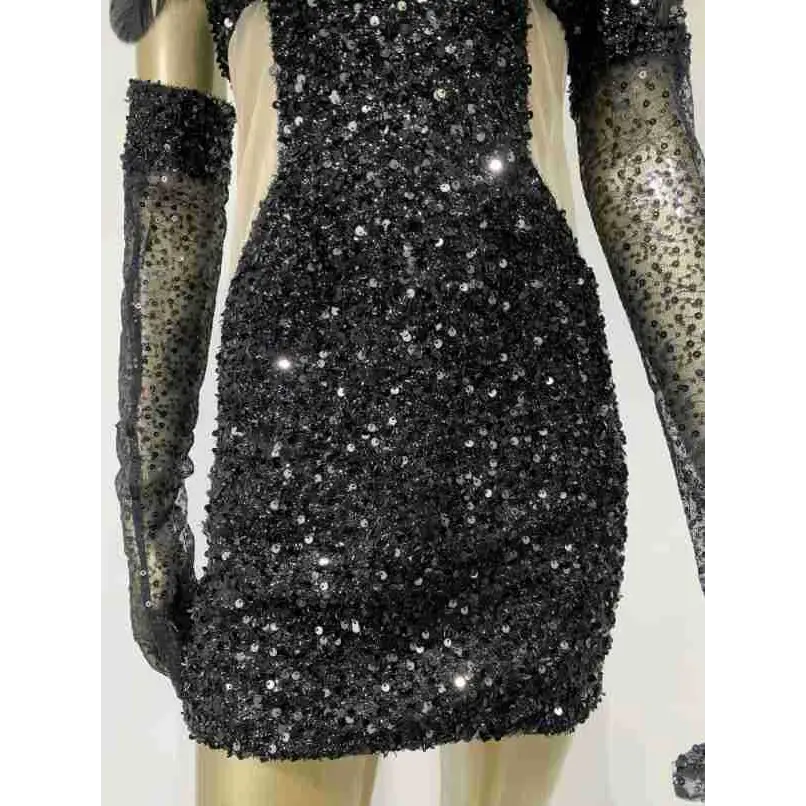Black halter feather sequins short mini dress with shimmering black sequins and sheer long-sleeved mesh gloves