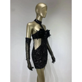 Black halter feather sequins short mini dress with black sequined fabric feather embellishments and matching long gloves