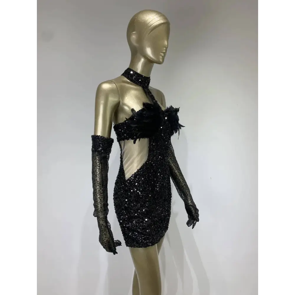 Black halter feather sequins short mini dress with black sequined fabric feather embellishments and matching long gloves
