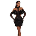 Black halter feather sequins short mini dress with sheer lace long sleeves and feathered shoulder accents