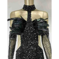 Black halter feather sequins short mini dress with black sequined fabric, feather shoulder accents, and sheer long sleeves