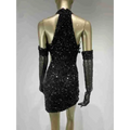 Black halter feather sequins short mini dress with matching sheer long gloves showcases elegant evening wear