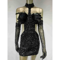 Black halter feather sequins short mini dress with feathered shoulder accents and sheer mesh gloves