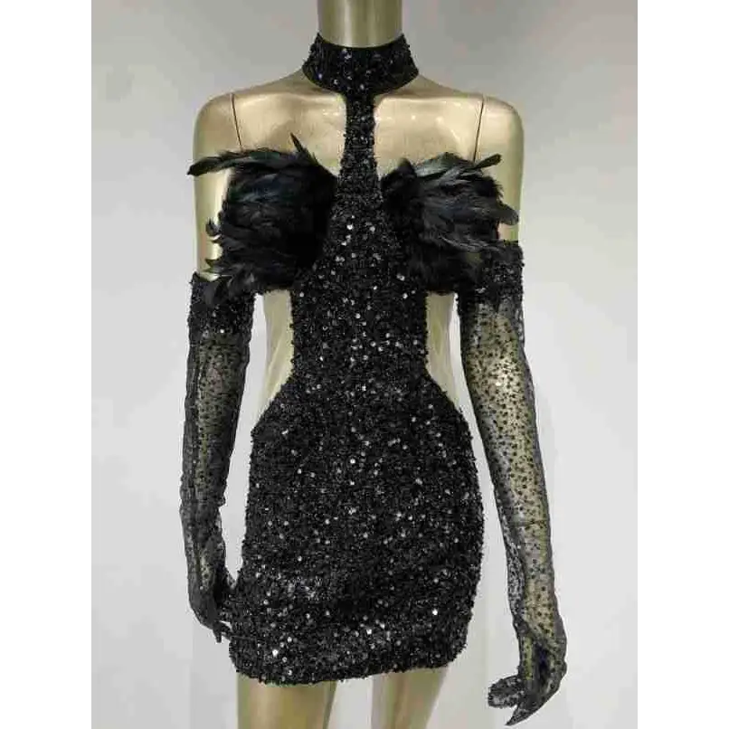 Black halter feather sequins short mini dress with feathered shoulder accents and sheer mesh gloves