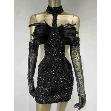 Black halter feather sequins short mini dress with feathered shoulder accents and sheer mesh gloves