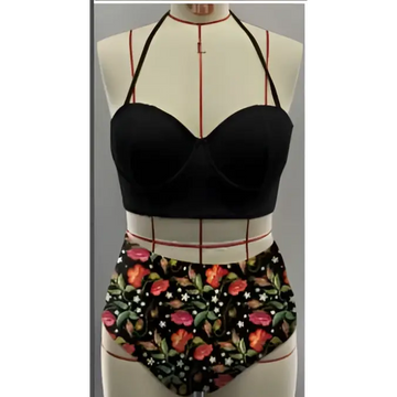 Black halter printed bikini top with fitted structured design for halter printed european and american swimsuit bikini