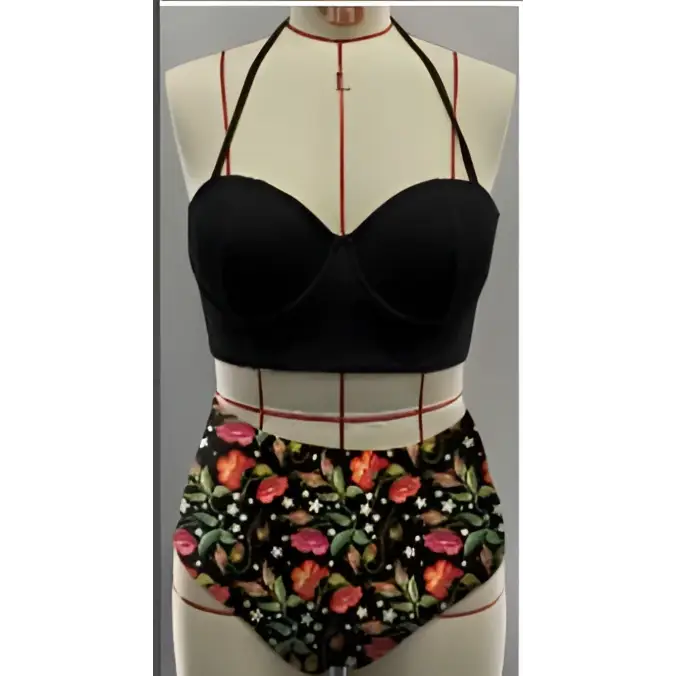 Black halter printed bikini top with fitted structured design for halter printed european and american swimsuit bikini