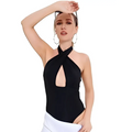 Black halter solid color jumpsuit swimsuit featuring a keyhole cutout chest design and side slit in one-piece style