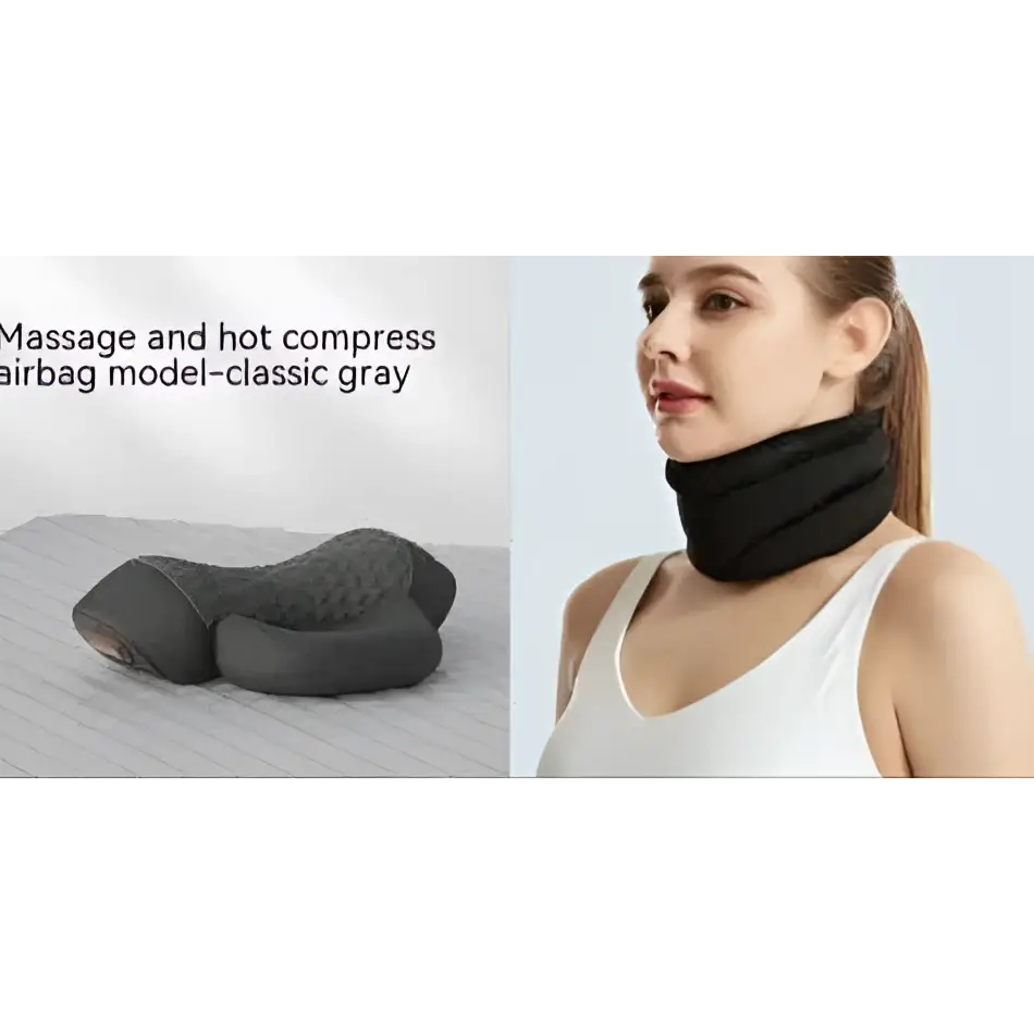 Black heated cervical pillow neck support wrap showing the back side with adjustable strap for heated cervical relief