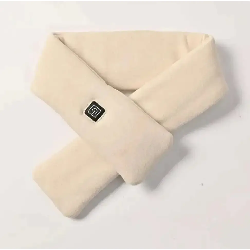 Cream-colored plush fleece heated smart warmth fashion scarf with black power button for adjustable warmth