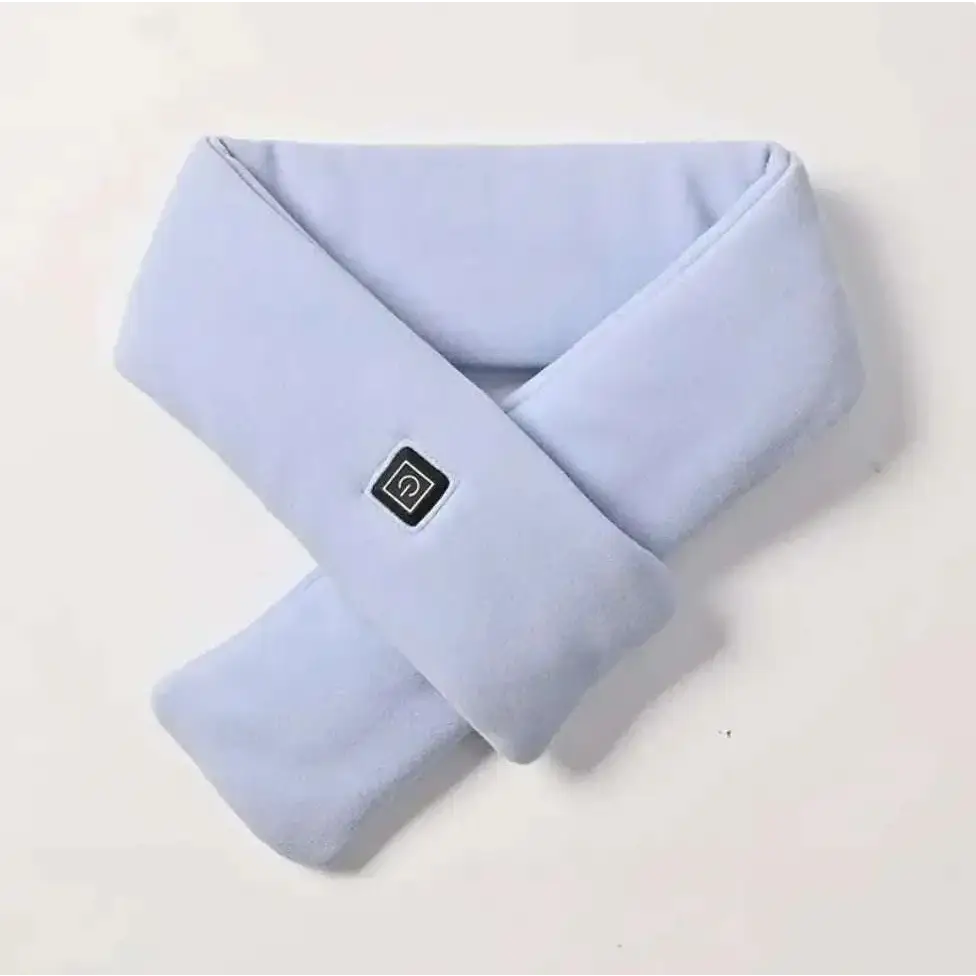 Light blue plush fabric heated warmth fashion scarf with small black square adjustable warmth control button