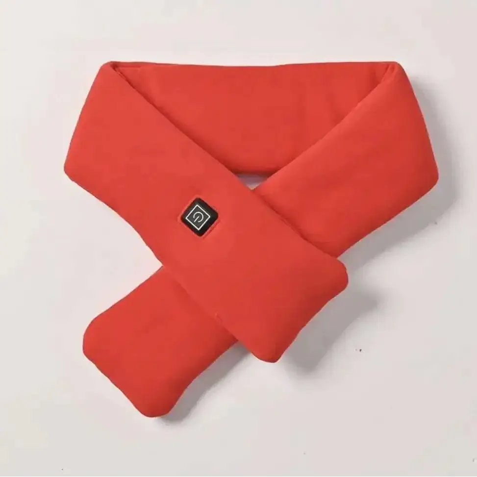 Bright red plush fleece heated scarf with black power button patch for adjustable warmth fashion and smart warmth fashion use