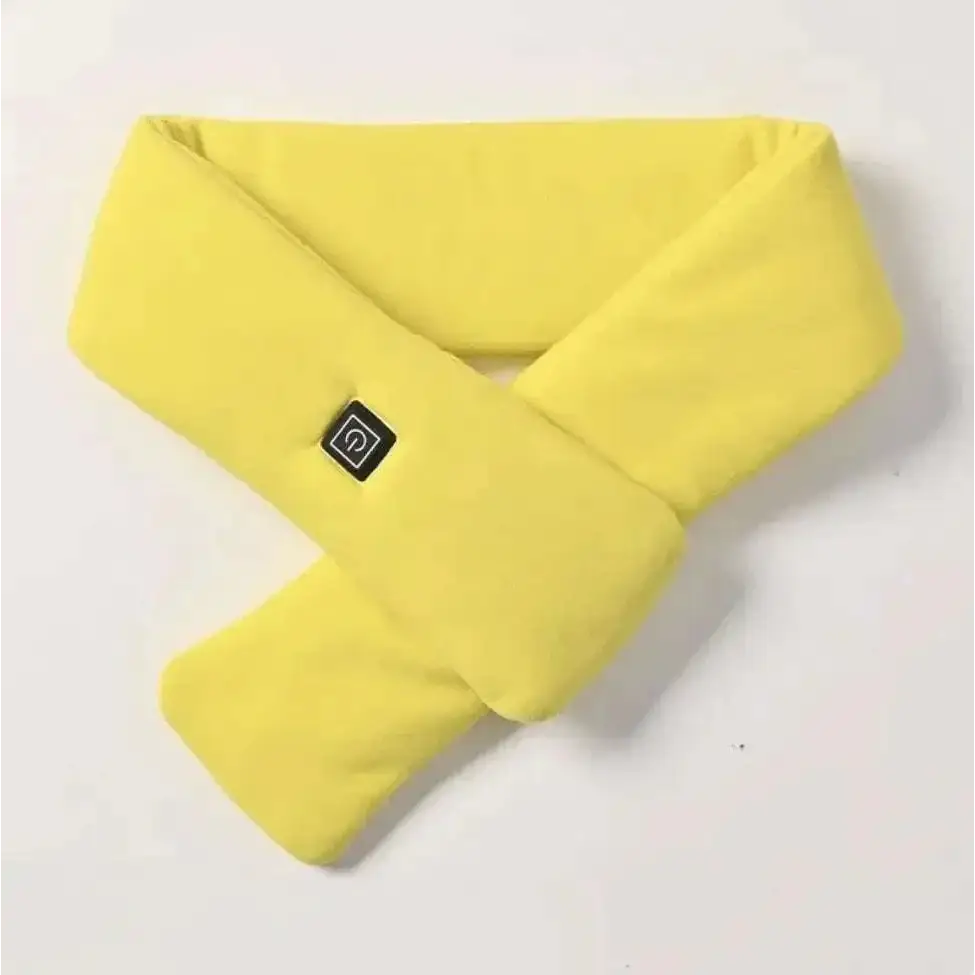 Bright yellow plush electric heating scarf with a black power button for smart warmth fashion and adjustable warmth use