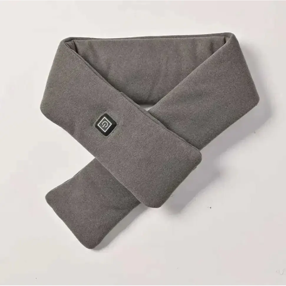 Gray fleece heated neck warmer with black power button offering adjustable warmth smart warmth fashion scarf