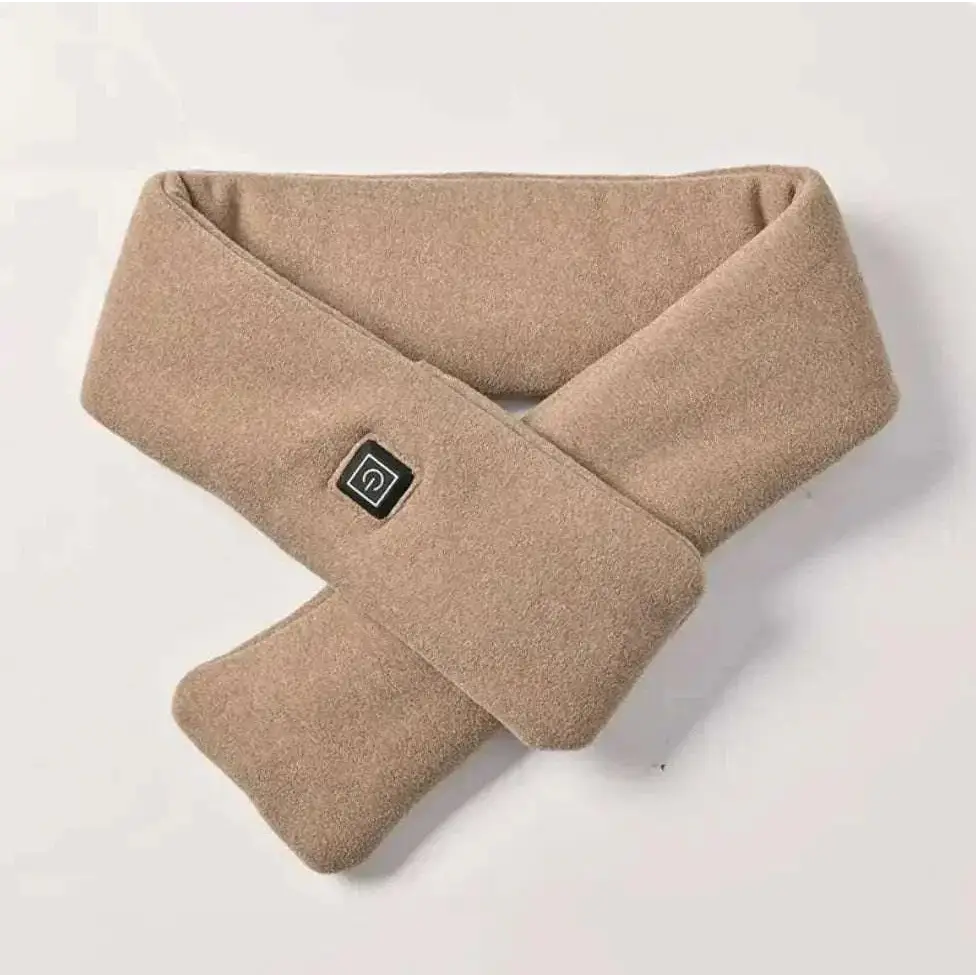 Beige fleece heated neck warmer with black power button in a black heated smart warmth fashion scarf for adjustable warmth