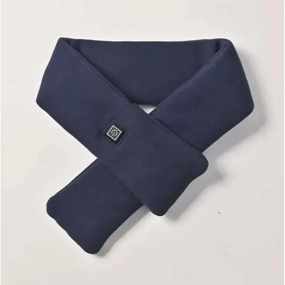 Navy blue fleece heated scarf with a black control button offering adjustable warmth for smart warmth fashion use
