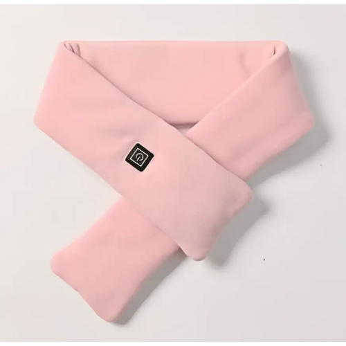 Pink fleece heated scarf with black rectangular control button for adjustable warmth in smart warmth fashion use