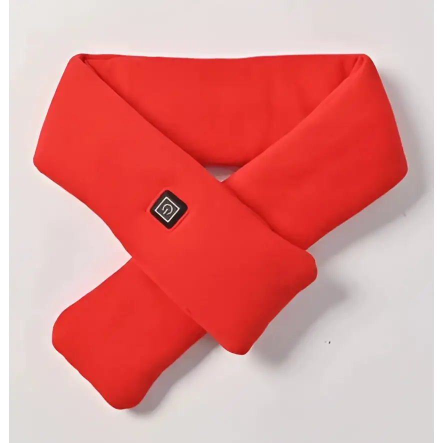 Bright red plush fleece black heated smart warmth fashion scarf with a small black rectangular power button front center