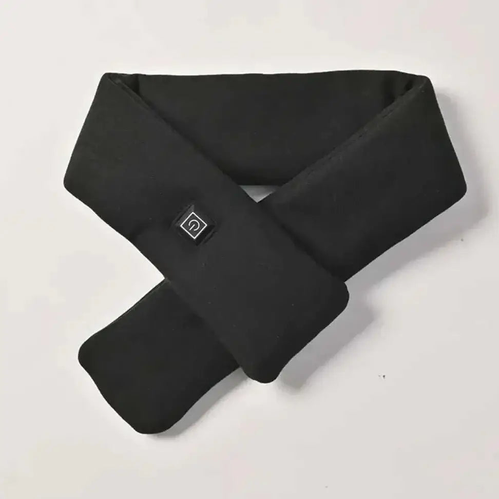 Black heated smart warmth fashion scarf with sleek soft fabric and front power button for adjustable warmth