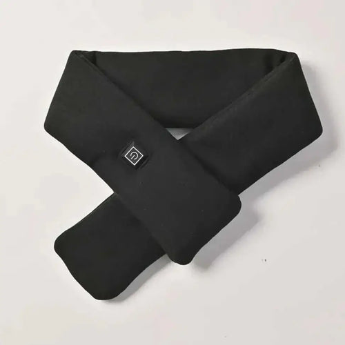 Black heated smart warmth fashion scarf with sleek soft fabric and front power button for adjustable warmth