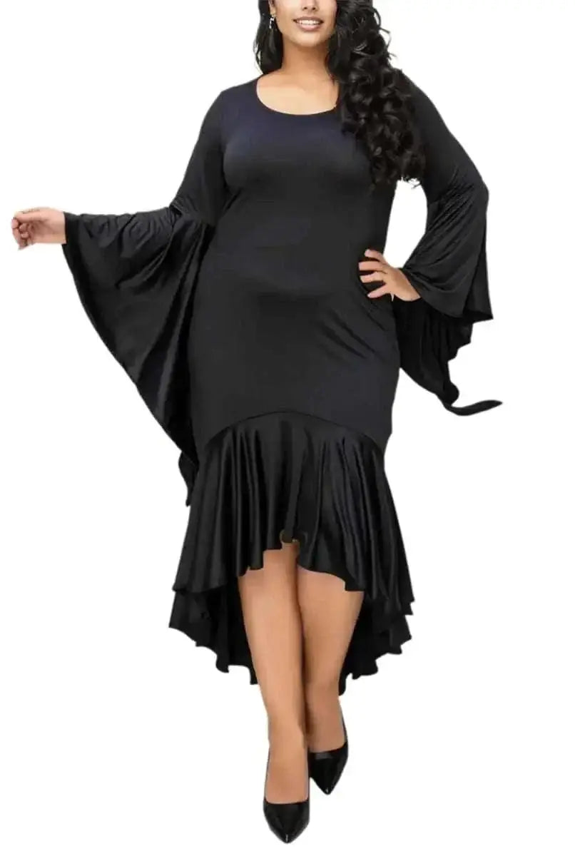 black plus size high-low dress with bell sleeves and ruffled hem designed for curvy women featured in top plus size dresses and swimwear for 2026