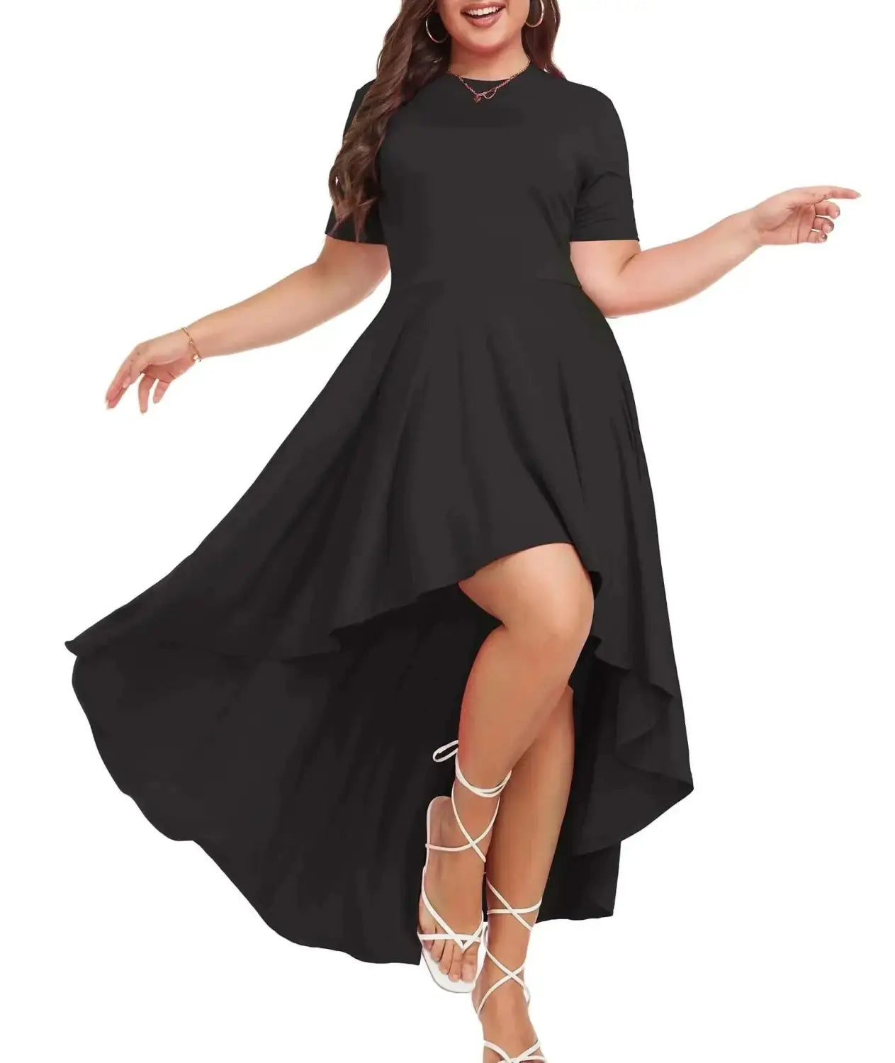 Black plus size high-low dress with short sleeves and flowing skirt ideal for curvy women in 2026 summer fashion trends.