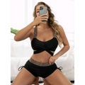 Black high waist bikini with gold chain detailing on the straps and waistband in solid color high design