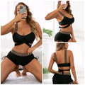 Black high waist bikini with gold chain detailing on straps waistband and back shown from the back side
