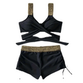 Black high waist bikini with gold chain detailing on solid color high waist swimwear set straps and waistband